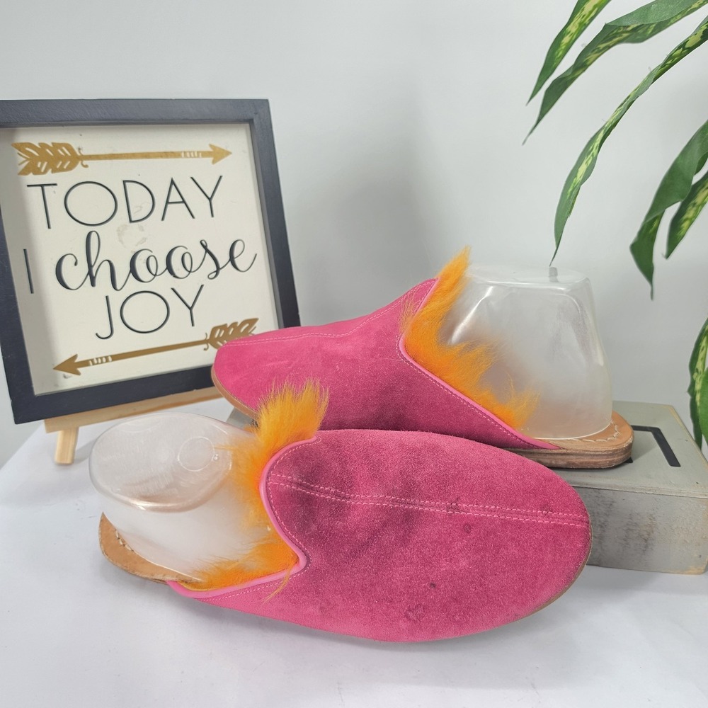 Sabah Baba Shearling Fur Lined Mule Flats Pink Suede Leather Turkish Handmade 40